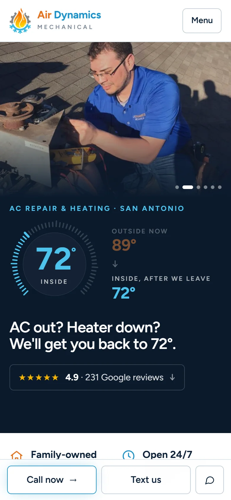 After: New homepage with a real photo of the owner and a live temperature dial