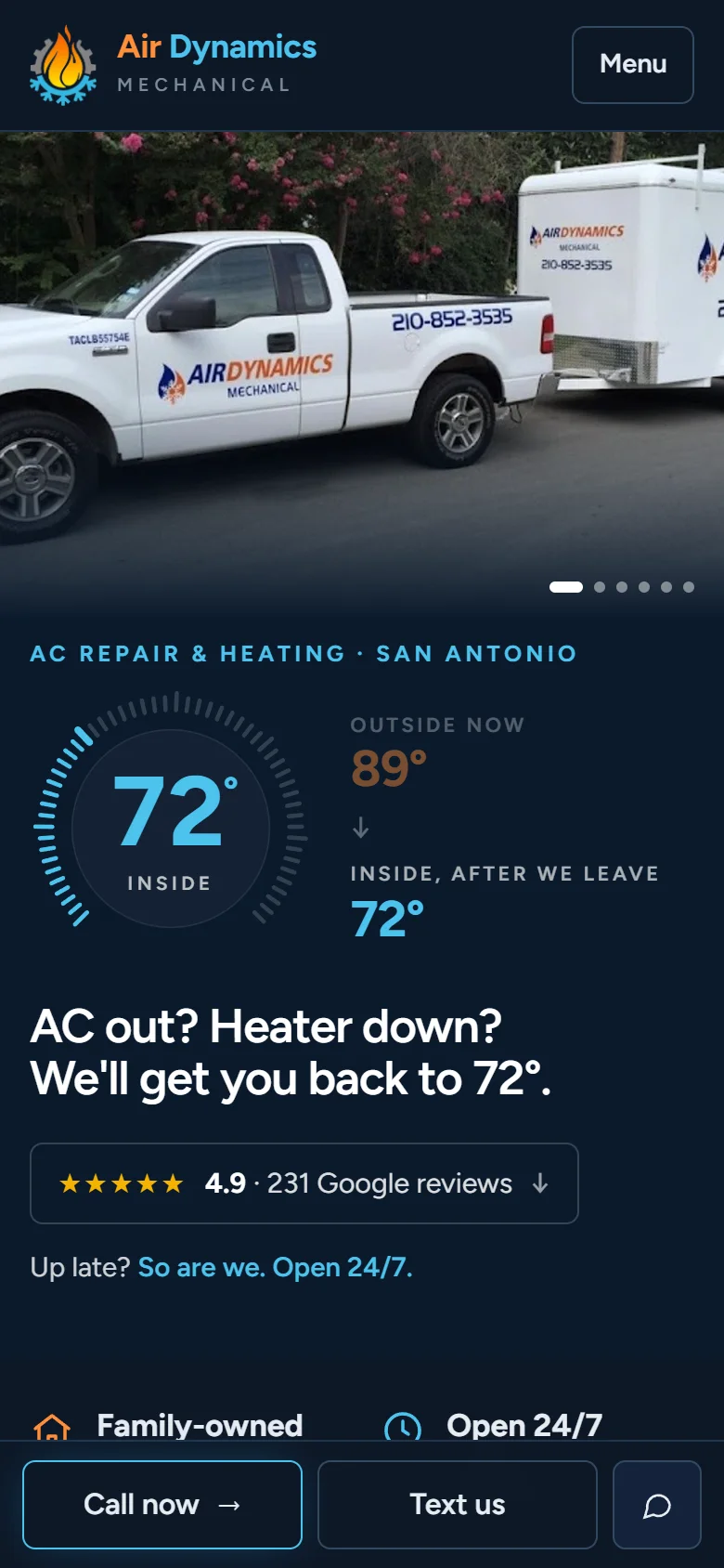 After: New homepage at night with short, clear text